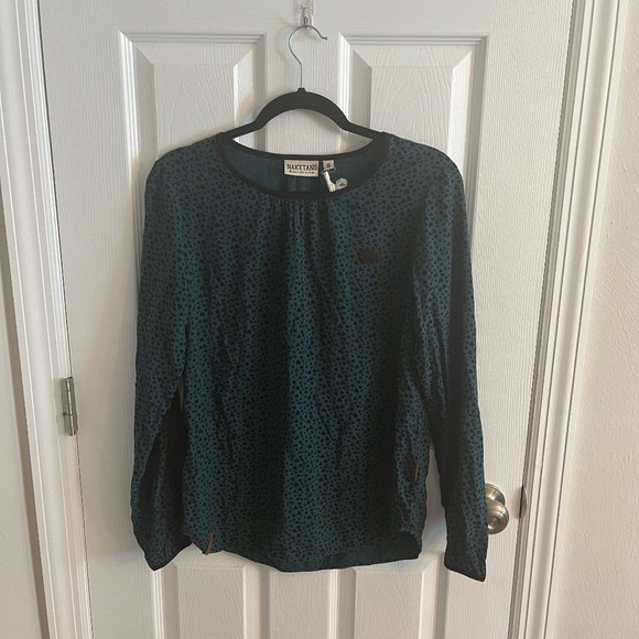 Size S NWT Naketano Turquoise and Black Heart Print Long Sleeve Blouse - Picture 1 of 12